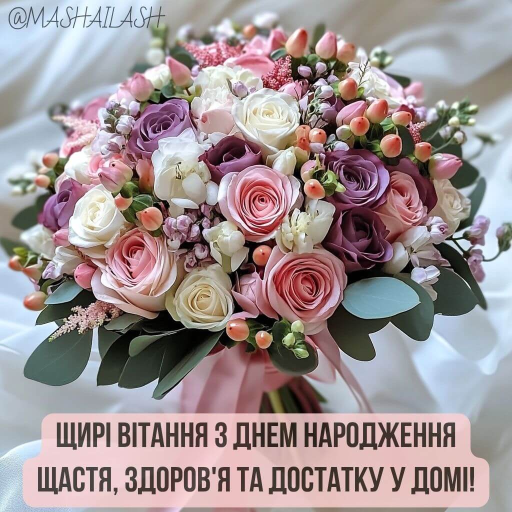 Гарні вітальні листівки з квітами на День народження жінці українською мовою